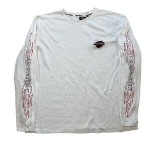 Vintage Harley Davidson Mens 2XL Long Sleeve Flames Graphic T Shirt White Tribal